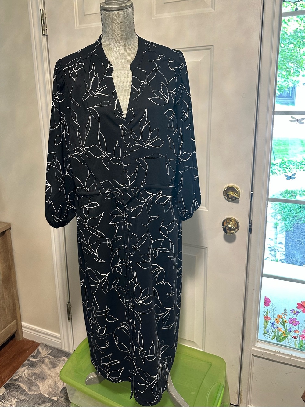 Addition Elle Black Midi Dress with White Leaf Print